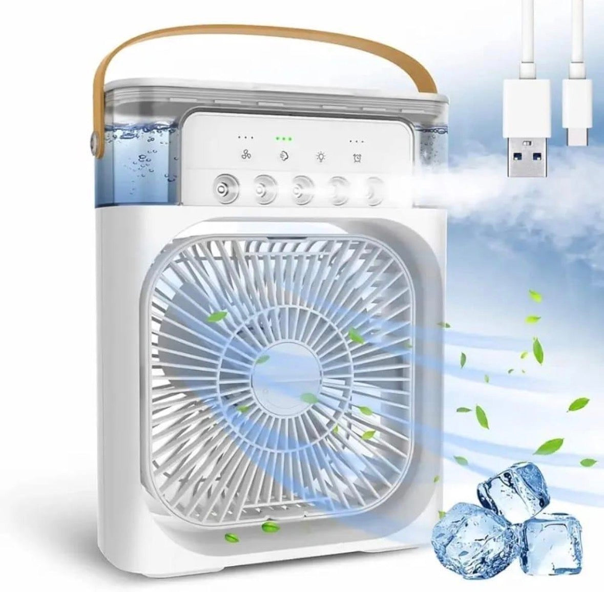 3-in-1 Portable Air Cooler Fan – Mist Spray, USB Rechargeable & LED Light
Mini USB Cooling Fan with Water Misty