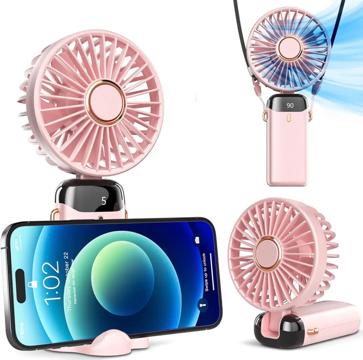 Digital Display, Foldable Phone Stand & Neck Strap – 5-Speed Mini Cooling Fan